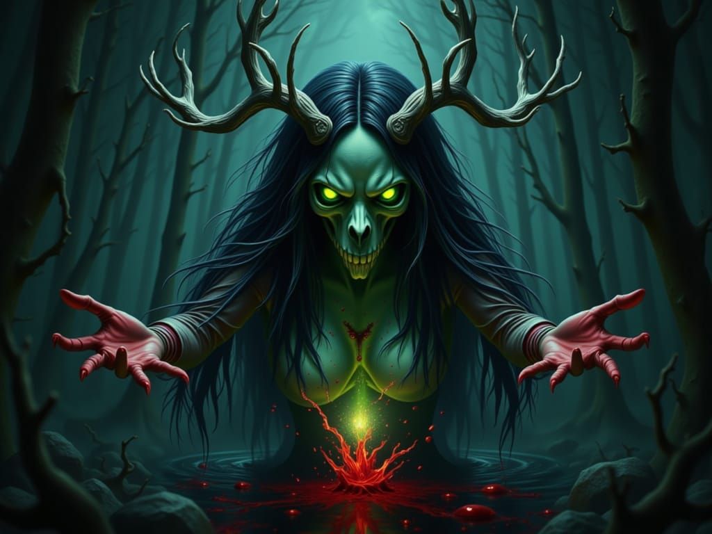 Demon Woman with Deer Skull Mask in 3D Render