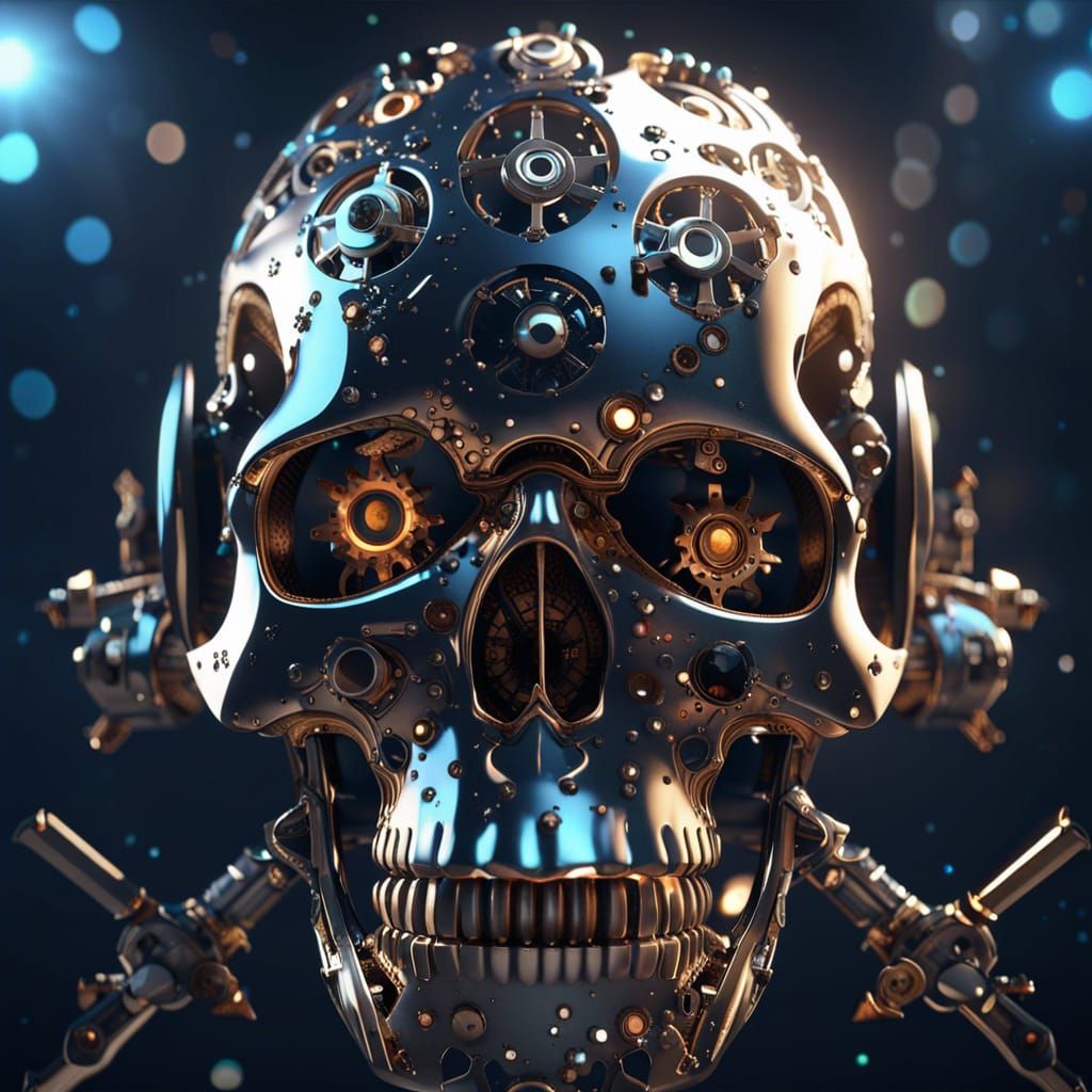 Clockwork Skull in Starry Sky: Sci-Fi Rendering