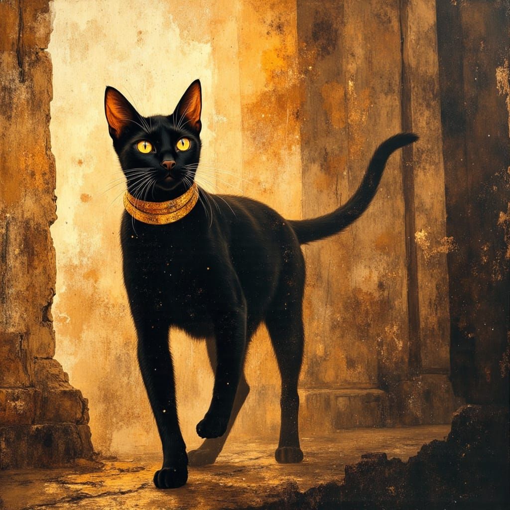 Majestic Black Cat Walks Past Egyptian Queen and Pyramids