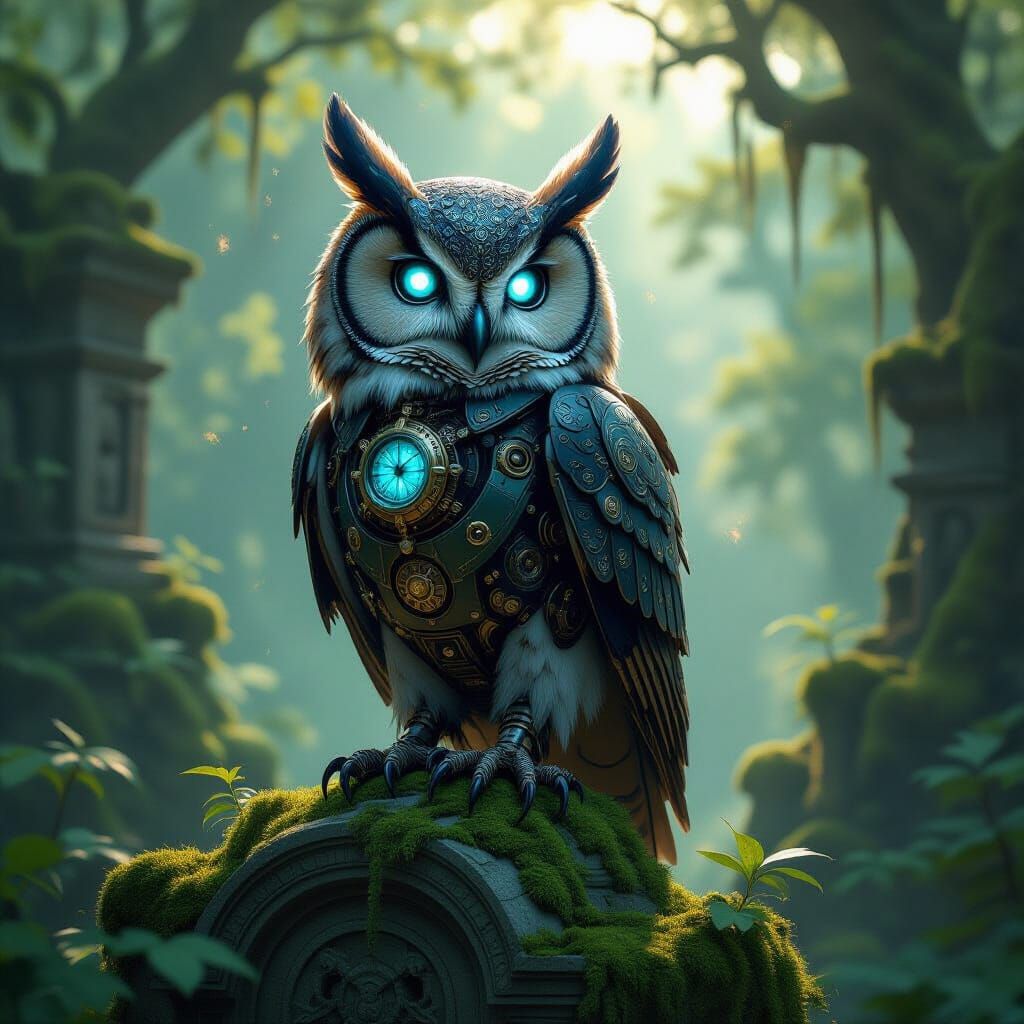 Robotic Owl on Ancient Ruin in Enchanted Forest