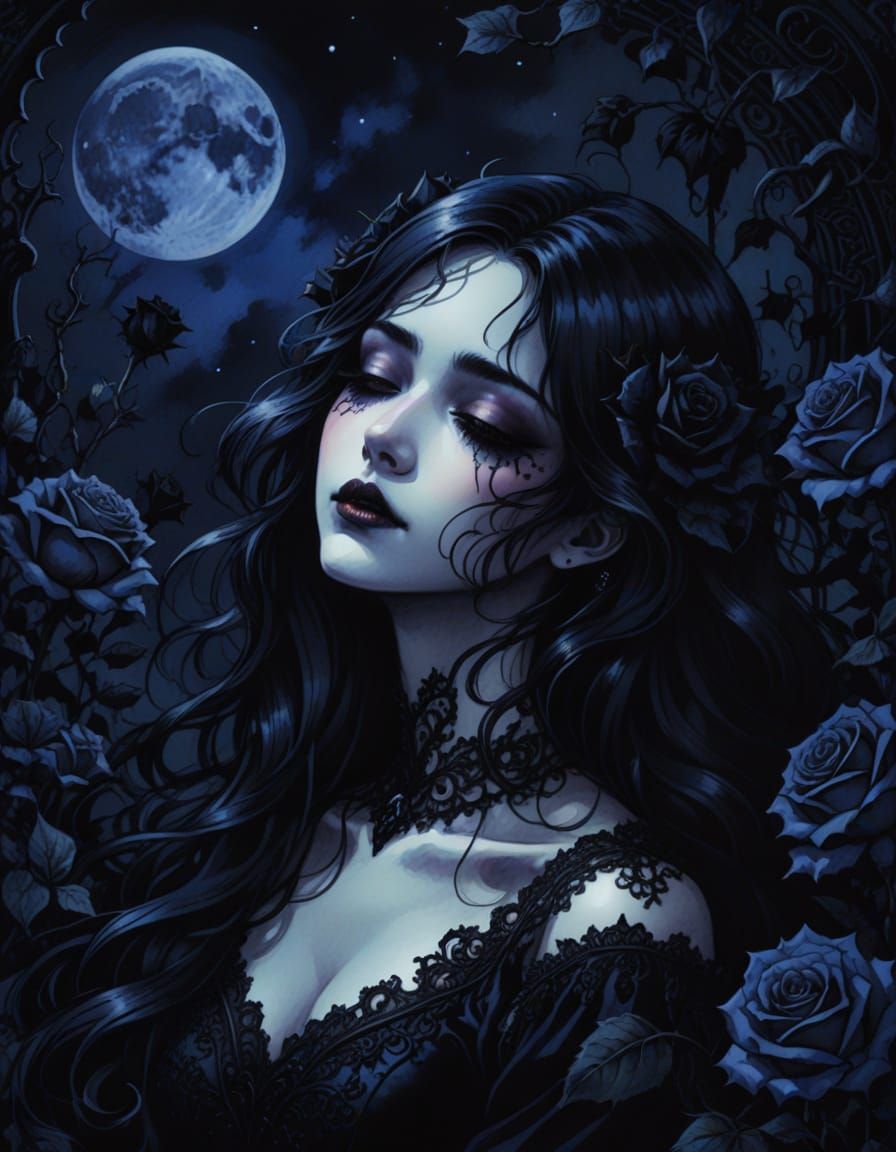 Sleeping Gothic Beauty in Moonlight, Manga Style