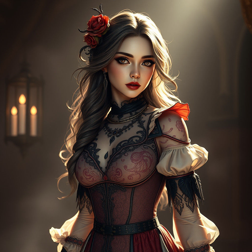 Victorian Woman Character Sheet in Dark Fantasy Style