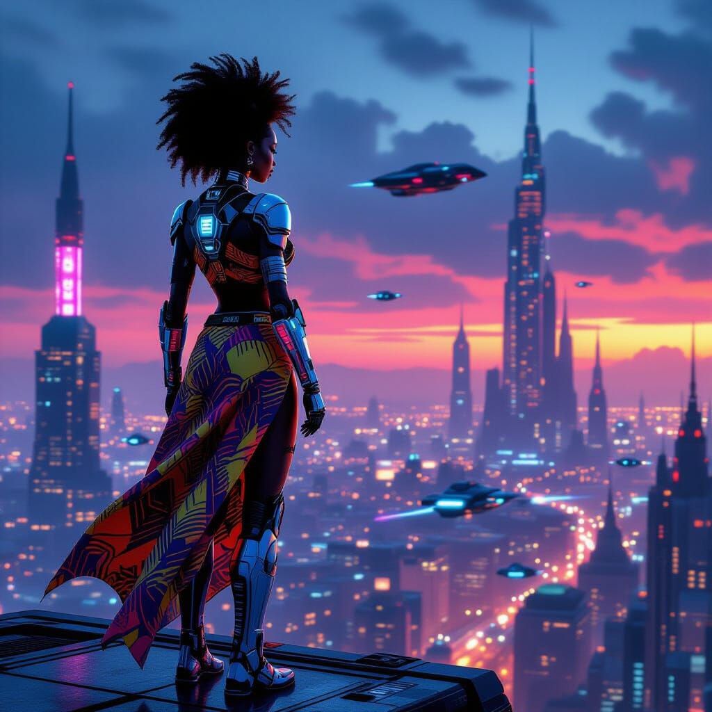 Afro-Futuristic Woman in Dystopian Cyberpunk City