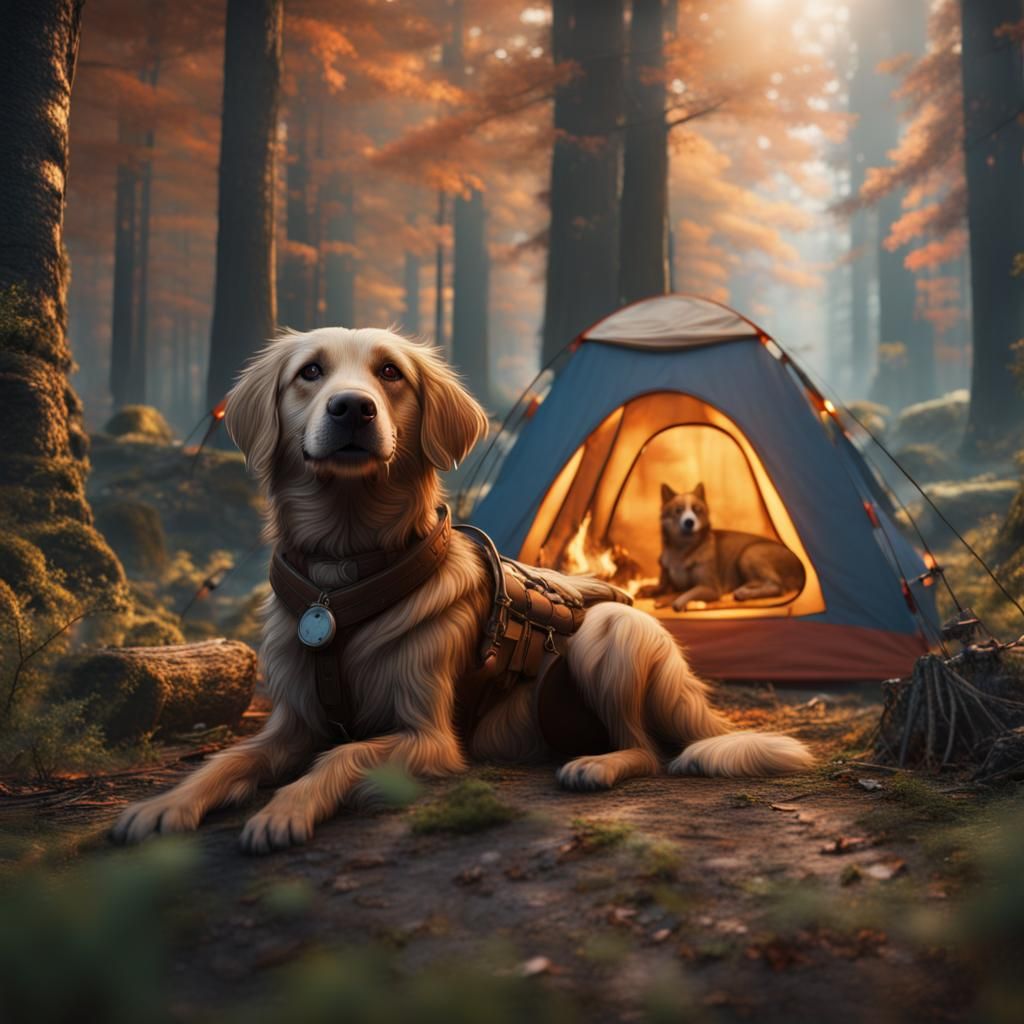 Dog Camping in Forest: Detailed Matte Painting