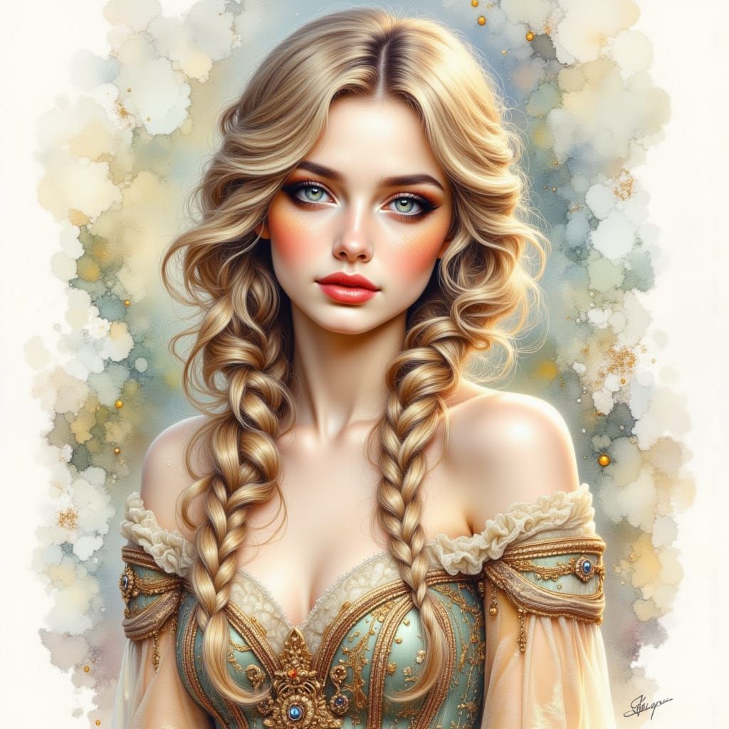 Elegant Woman in Flowing Gown: Pencil and Watercolour Art