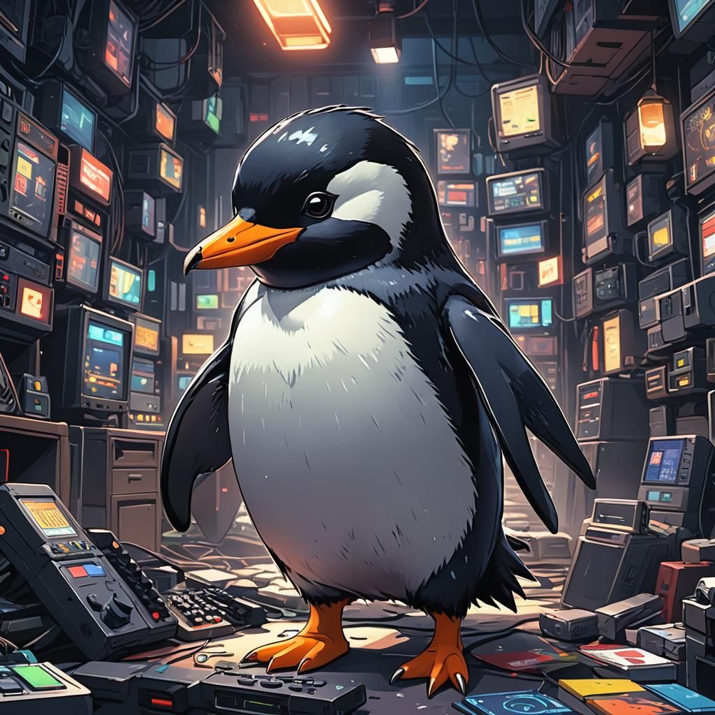 Penguin Gamer in Anime Style, Cel-Shaded Art