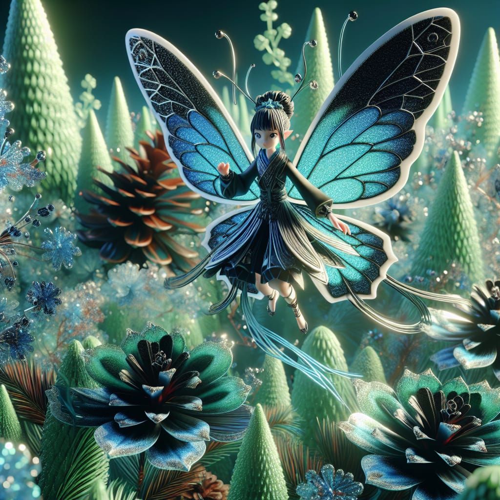 Anime Fairy with Butterfly Wings Amidst Emerald Pine Cones