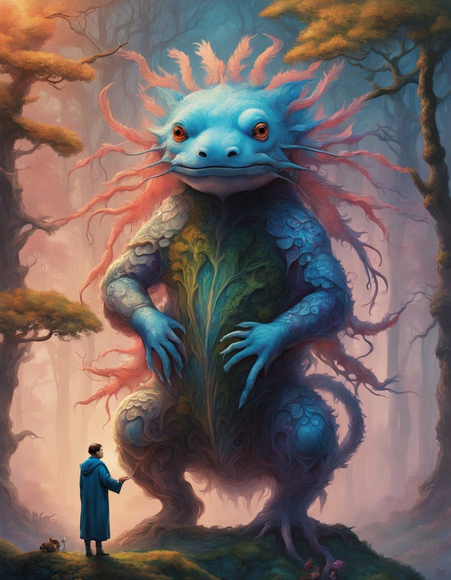 Ethereal Axolotl in Whimsical Forest Scene