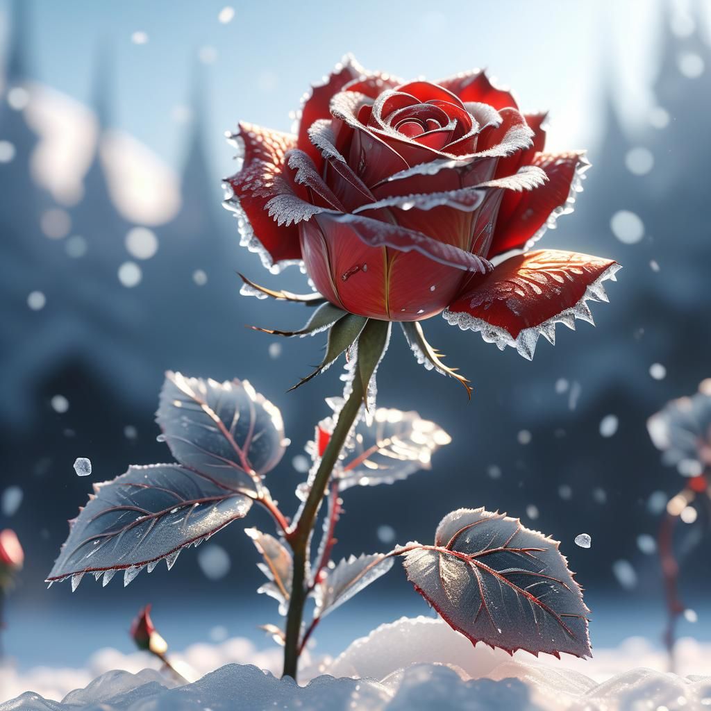 Hyper-Realistic 3D Anime Art: Frozen Red Rose in Snow