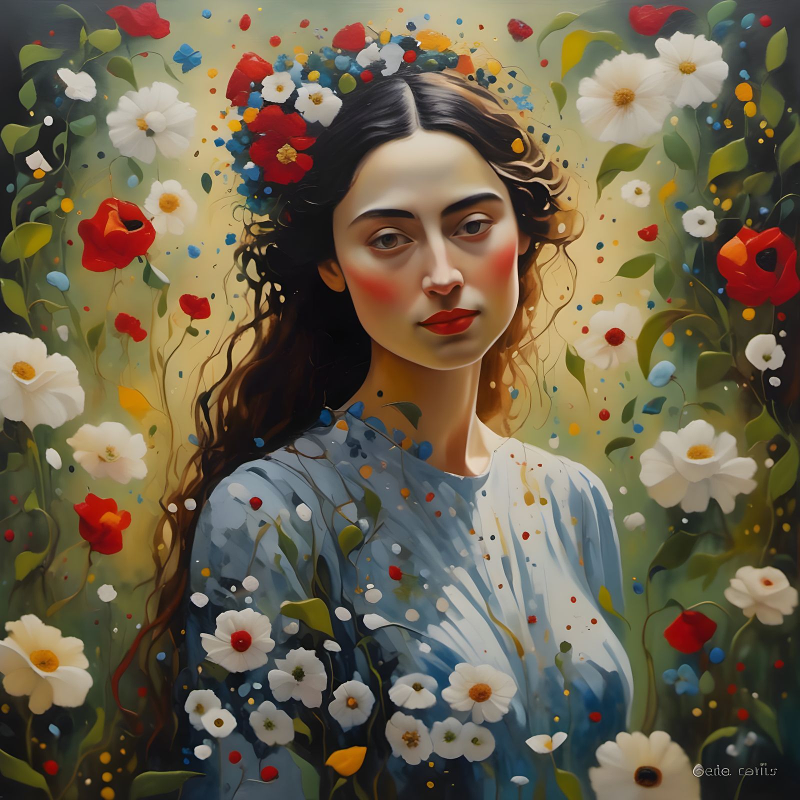 Whimsical Floral Portrait in Oil on Canvas