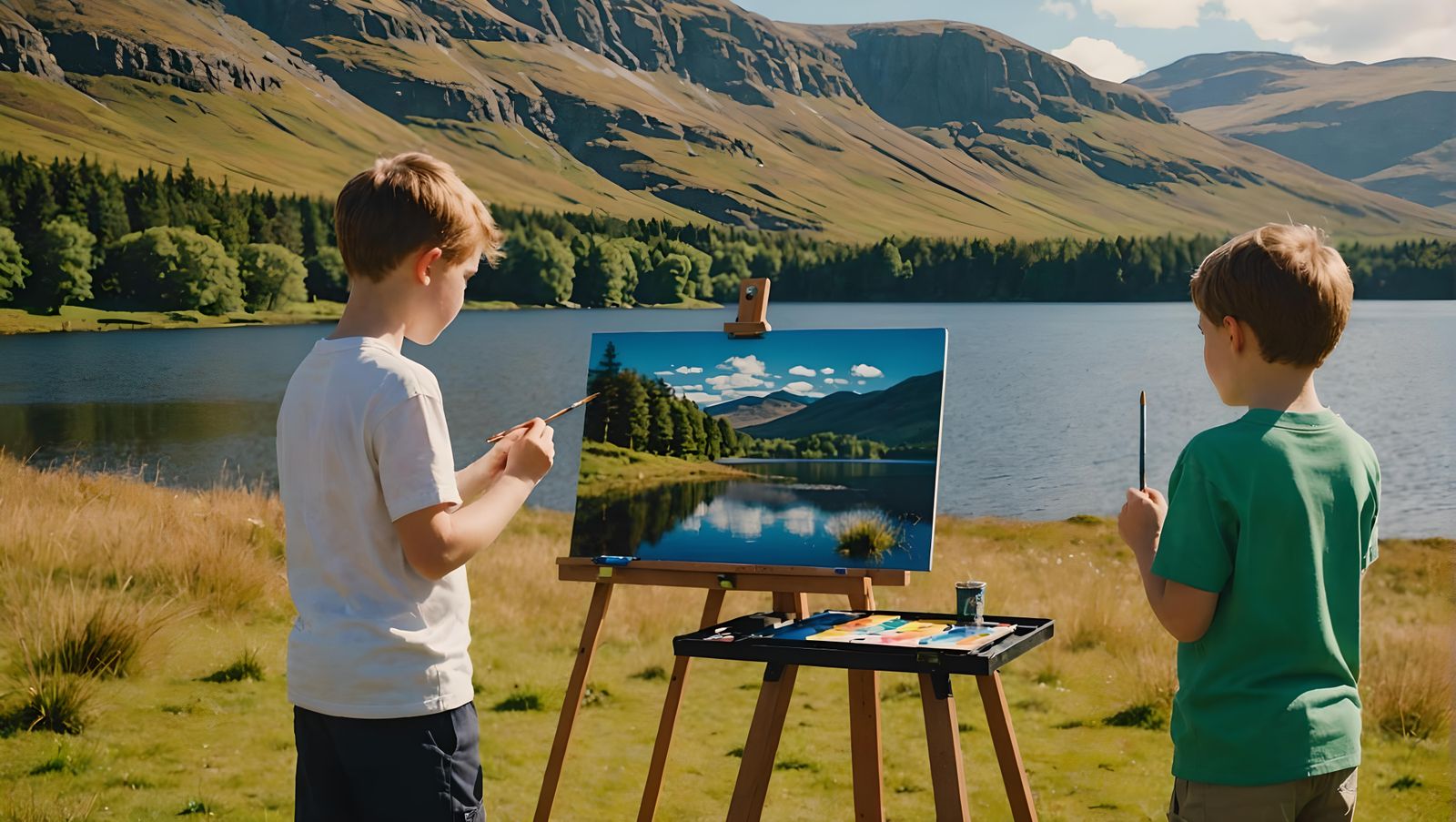 Children Painting by Loch in Scottish Highlands