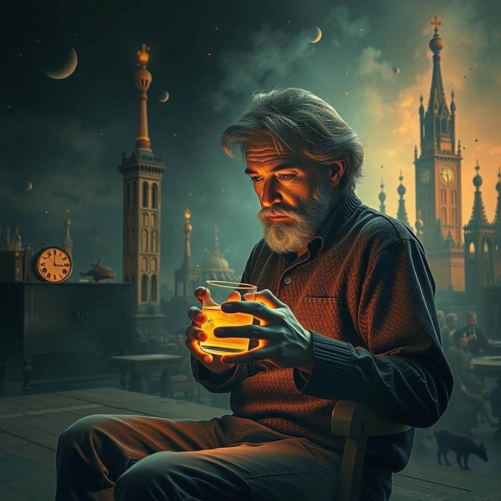 Surreal Contemplation: Man Between Reality and Fantasy