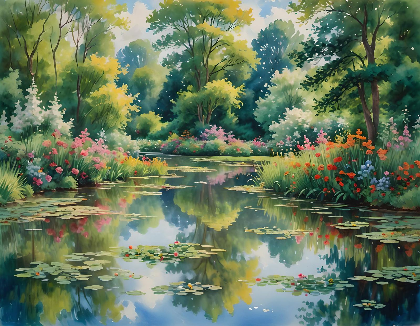 Blooming Gardens Reflect in Calm Pond: Watercolor