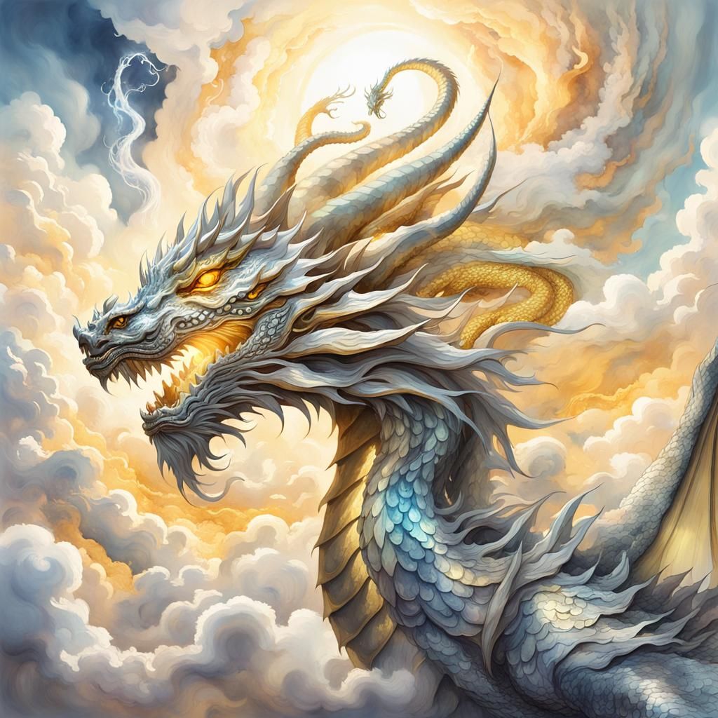 Silver Cloud Dragon in Ethereal Watercolor Style