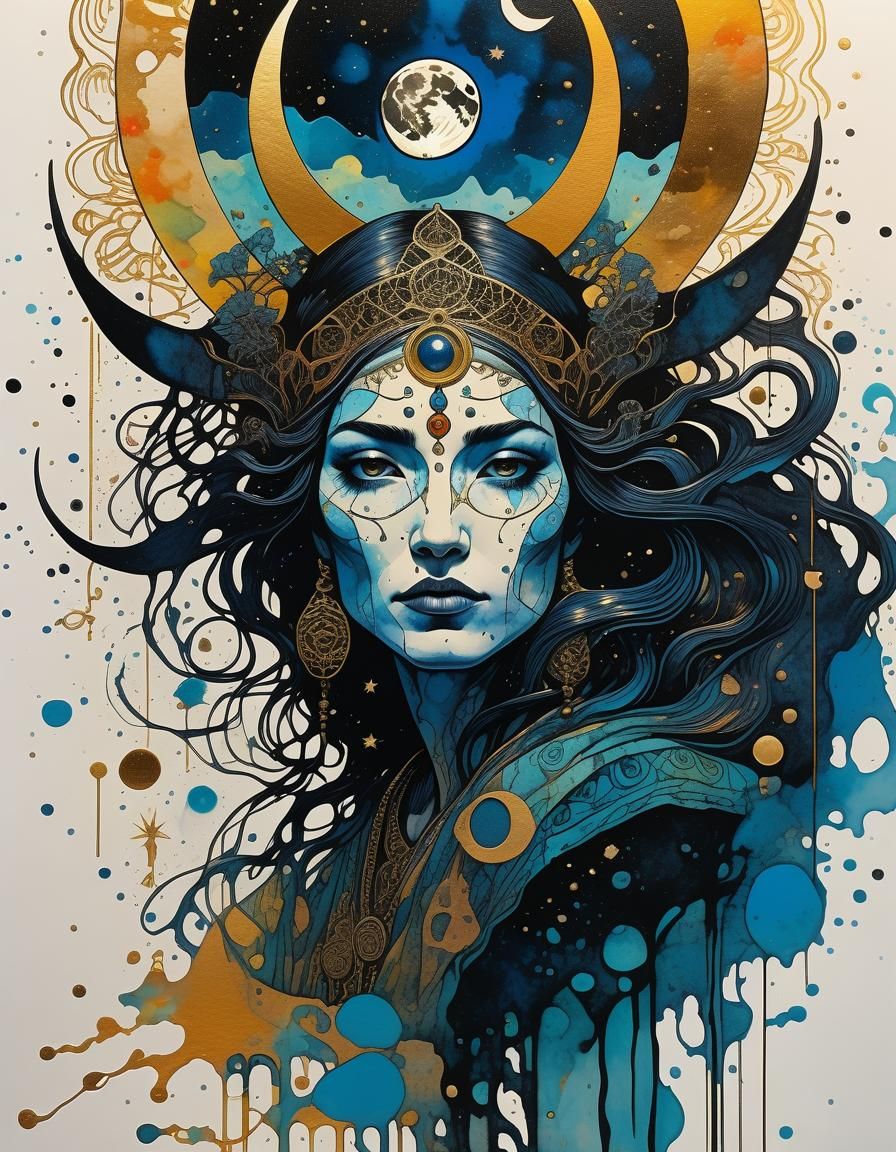 Psychedelic Moon Goddess Tarot Card in Impasto Style