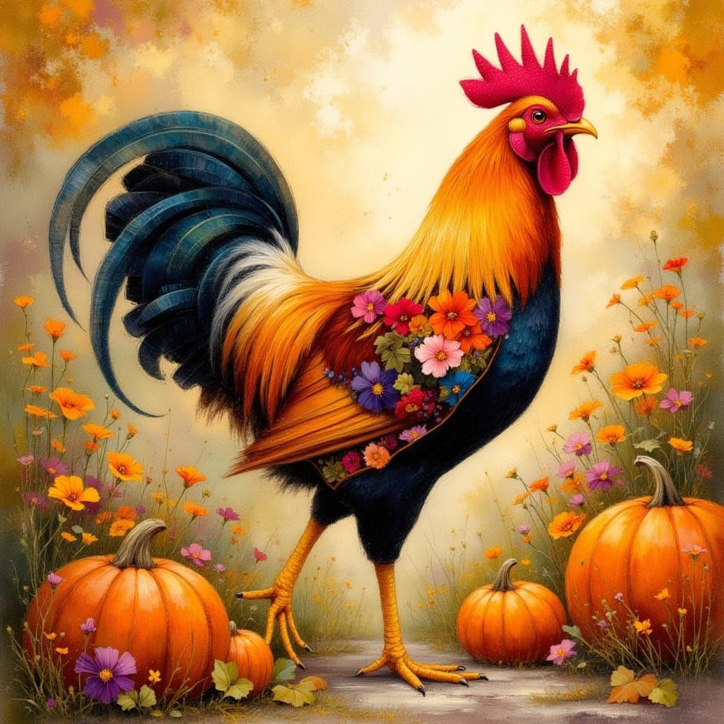 Embroidered Chicken in Autumn Barnyard, Whimsical Art