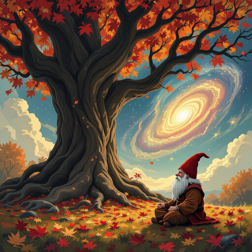Gnome Meditating Under Cosmic Tree as Impasto Painting