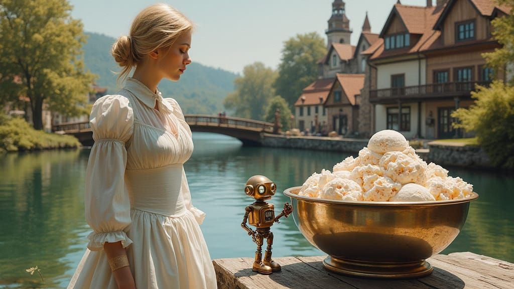 Victorian Woman With Robot by Lakeside, Oil Painting