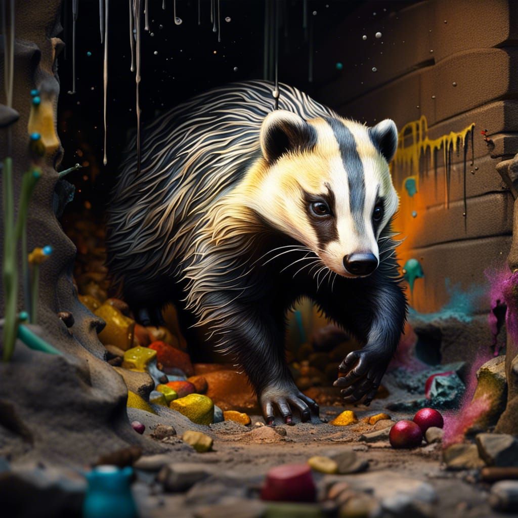 Badger Leaving Den in Hyperrealistic Graffiti Art