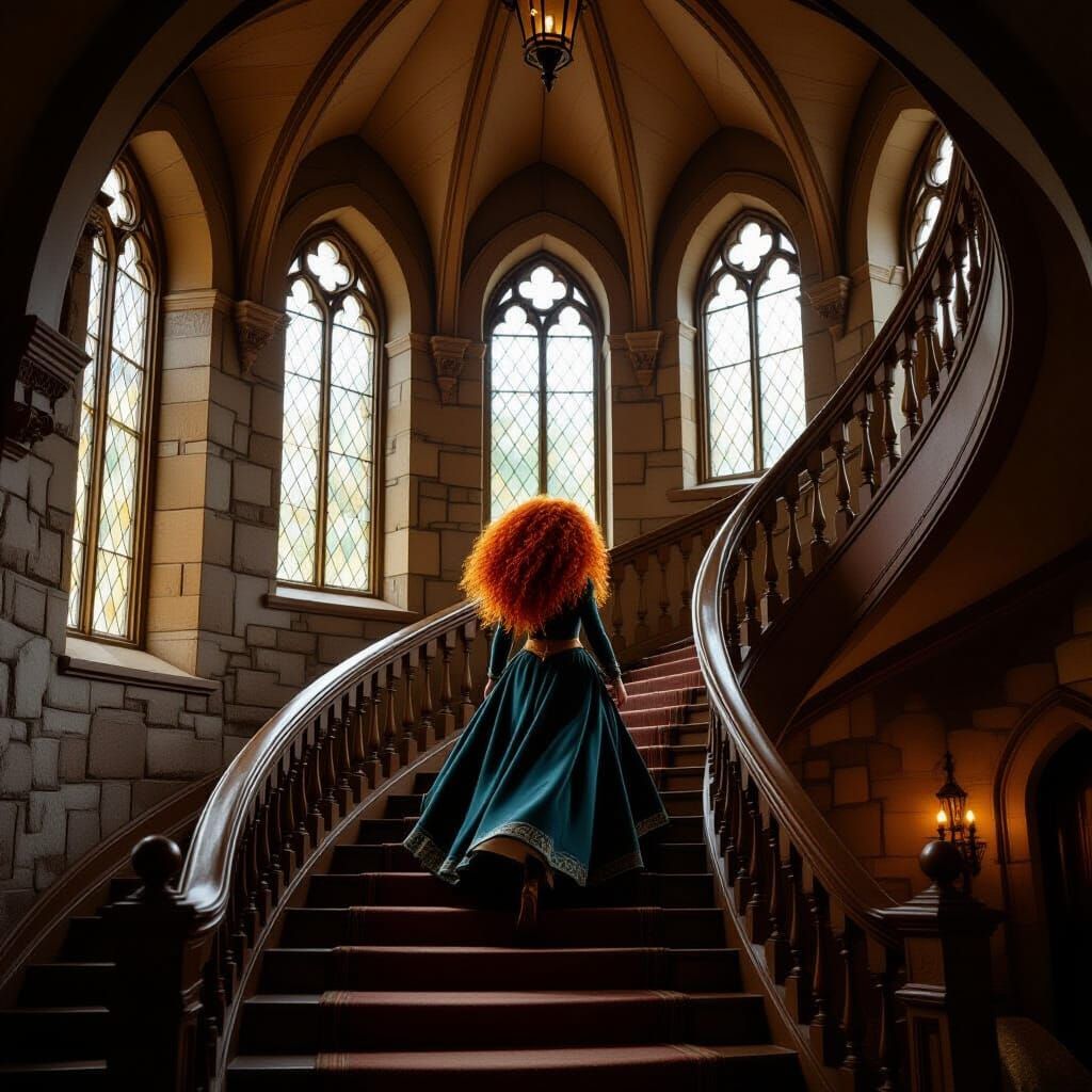 Princess Merida Descends a Winding Castle Staircase