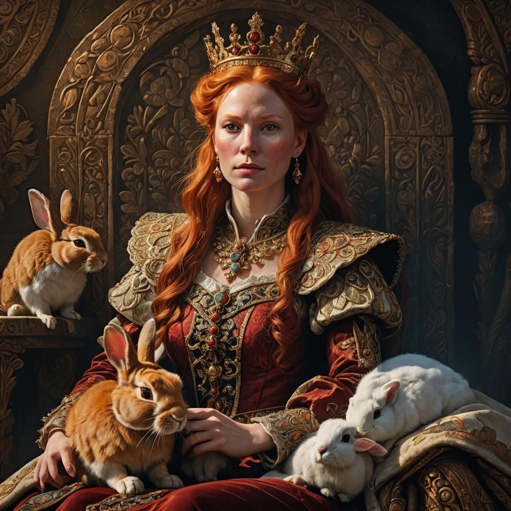 Red-Headed Queen with Rabbit in Digital Art