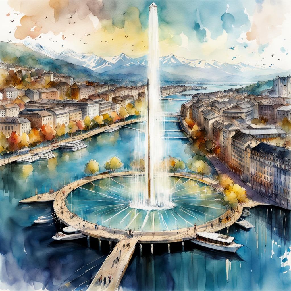 A fanciful vision of Geneva with its Jet d'eau