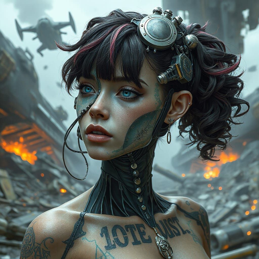 Android Goddess Amidst Wreckage of a Futuristic Utopia