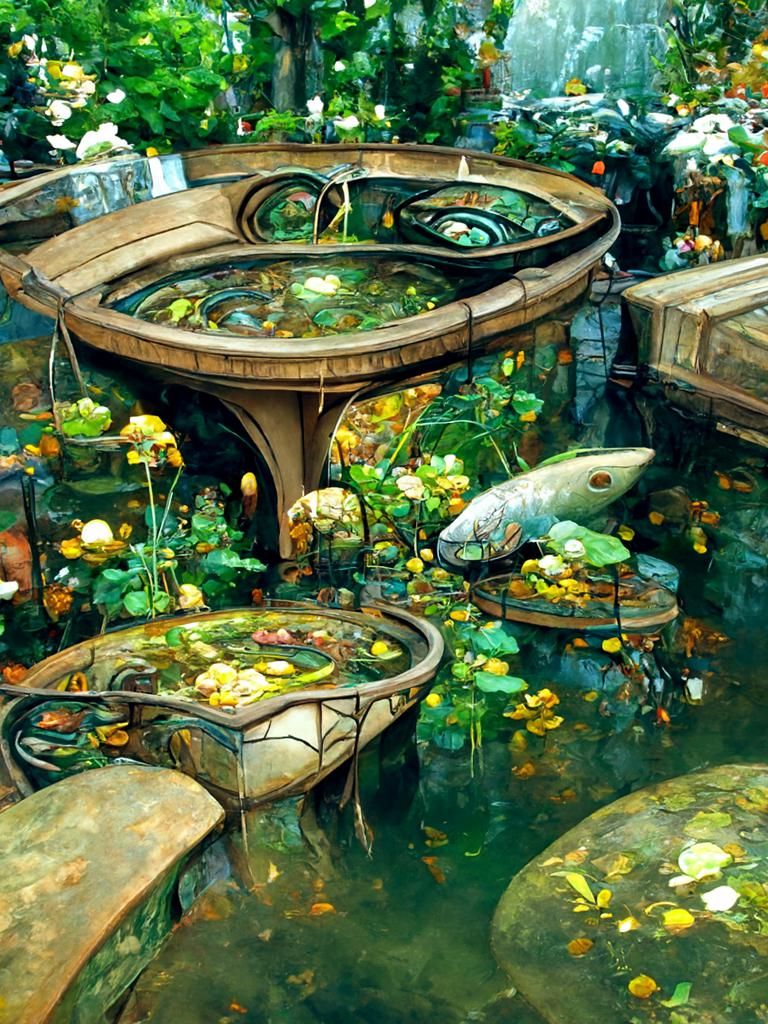 Surreal Fish Pond with Art Nouveau Architecture