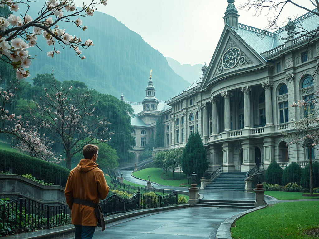 Ancient University of Luminous Rain in Art Nouveau Style