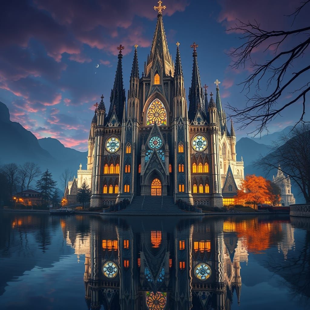 Gaudi Style Castle Cathedral Over Serene Lake