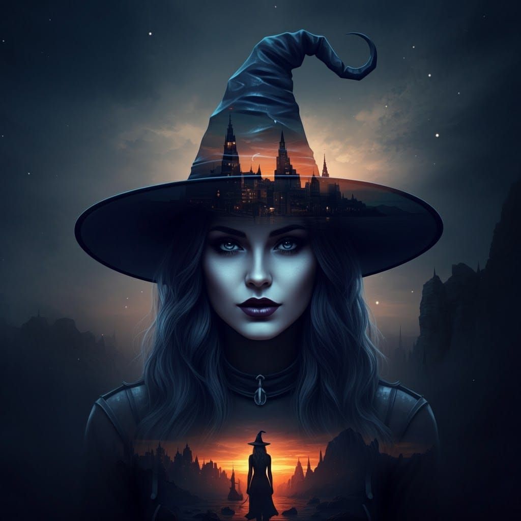 Double Exposure Witch Hat City Portrait