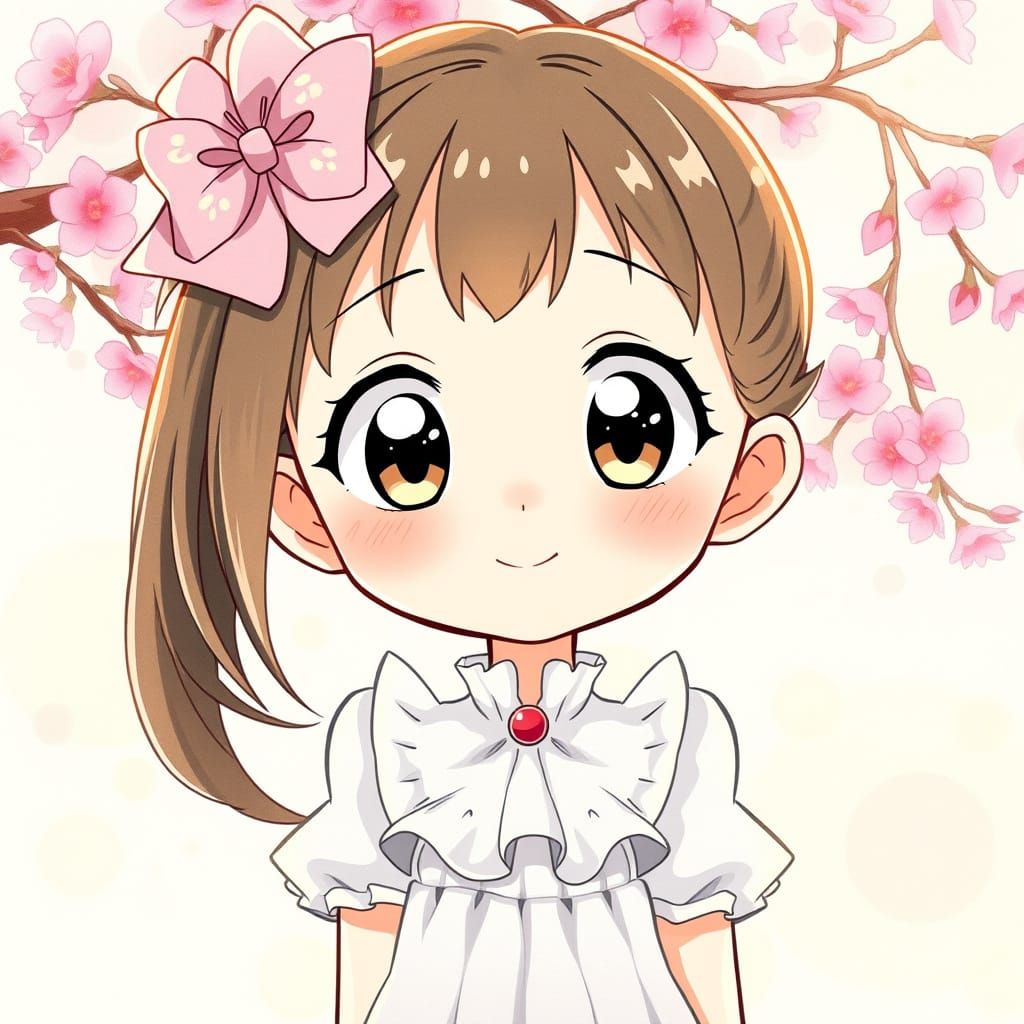 Sweet Anime Girl in Pastel Pink Hair Bow and Cherry Blossoms