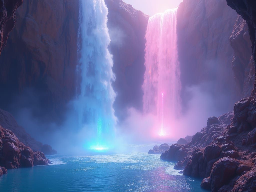 Celestial Waterfalls in Alien Crystal Landscape