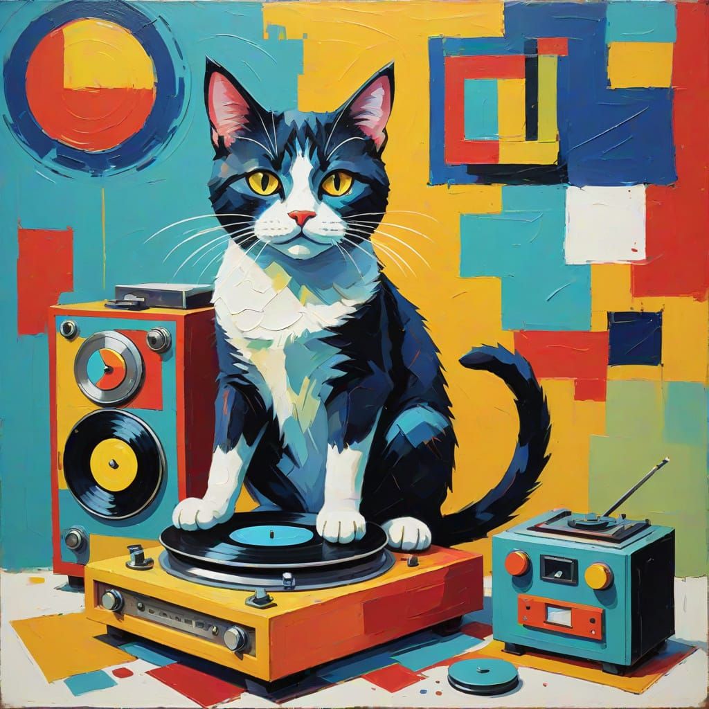 Abstract Cat Listening to Jazz Music in Vibrant Colors