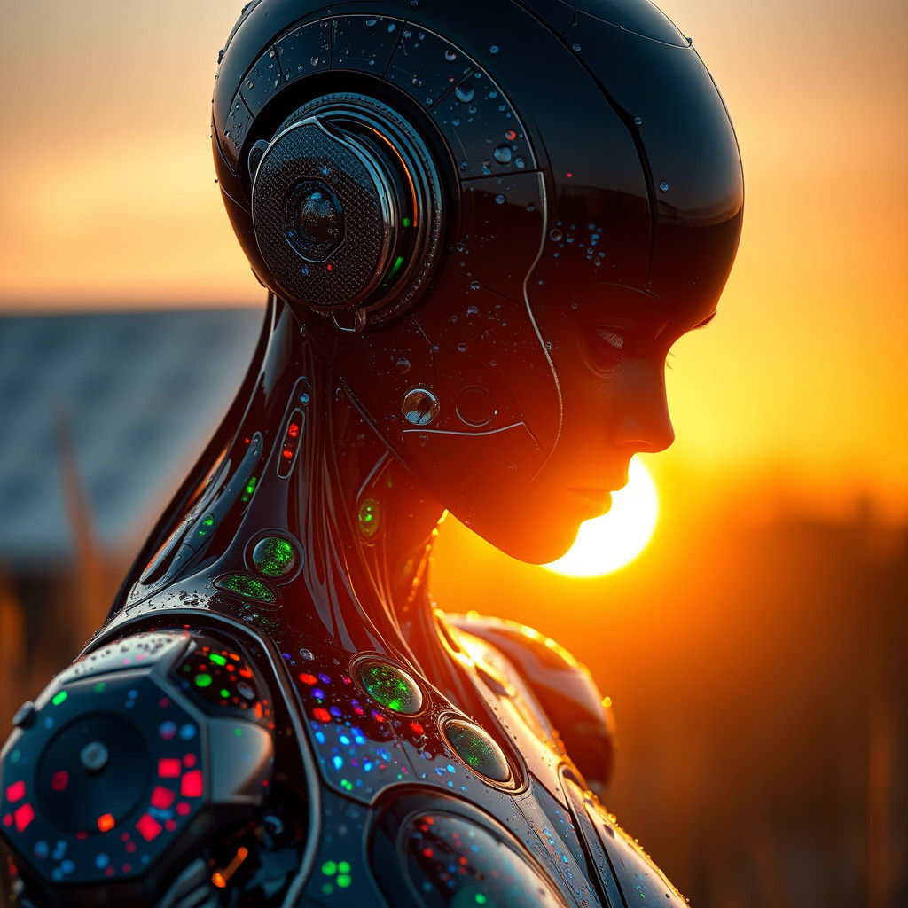 Futuristic Android with Solar Panels in Morning Light