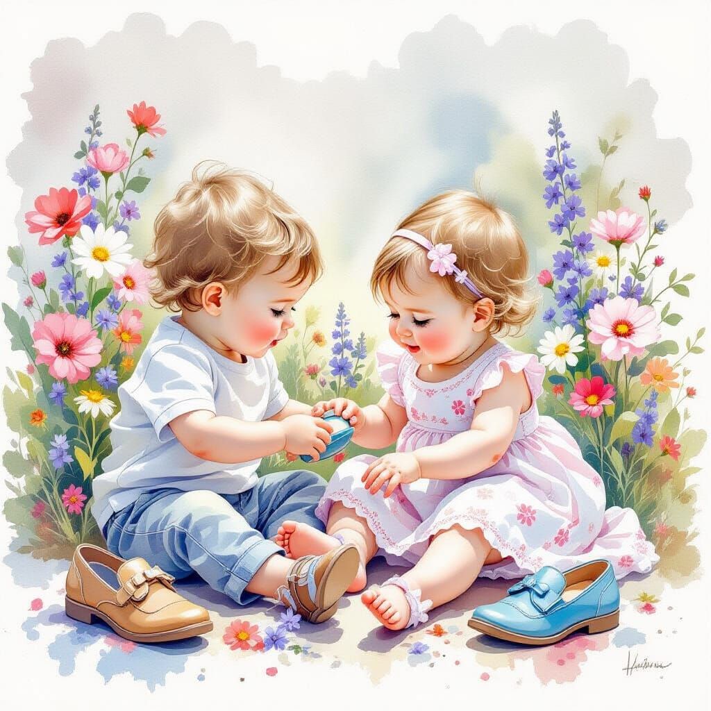 Babies Play with Parents' Shoes in Soft Watercolour
