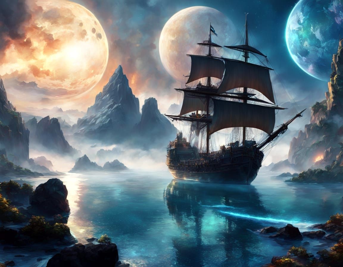 Galleon Under Celestial Sky in Digital Watercolor