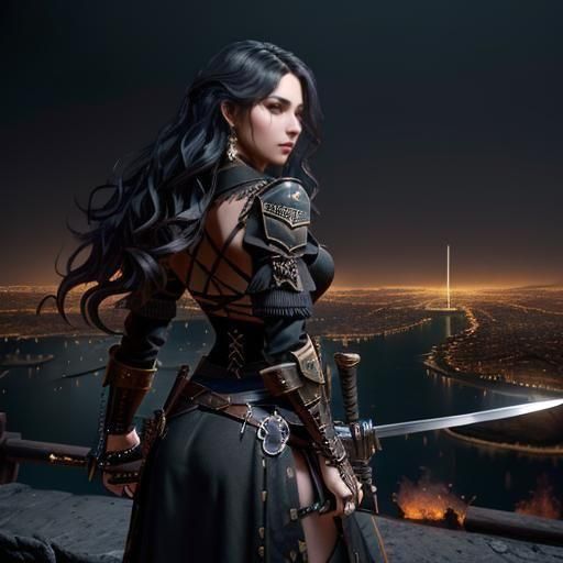 Steampunk Woman with Swords in Wild West Setting