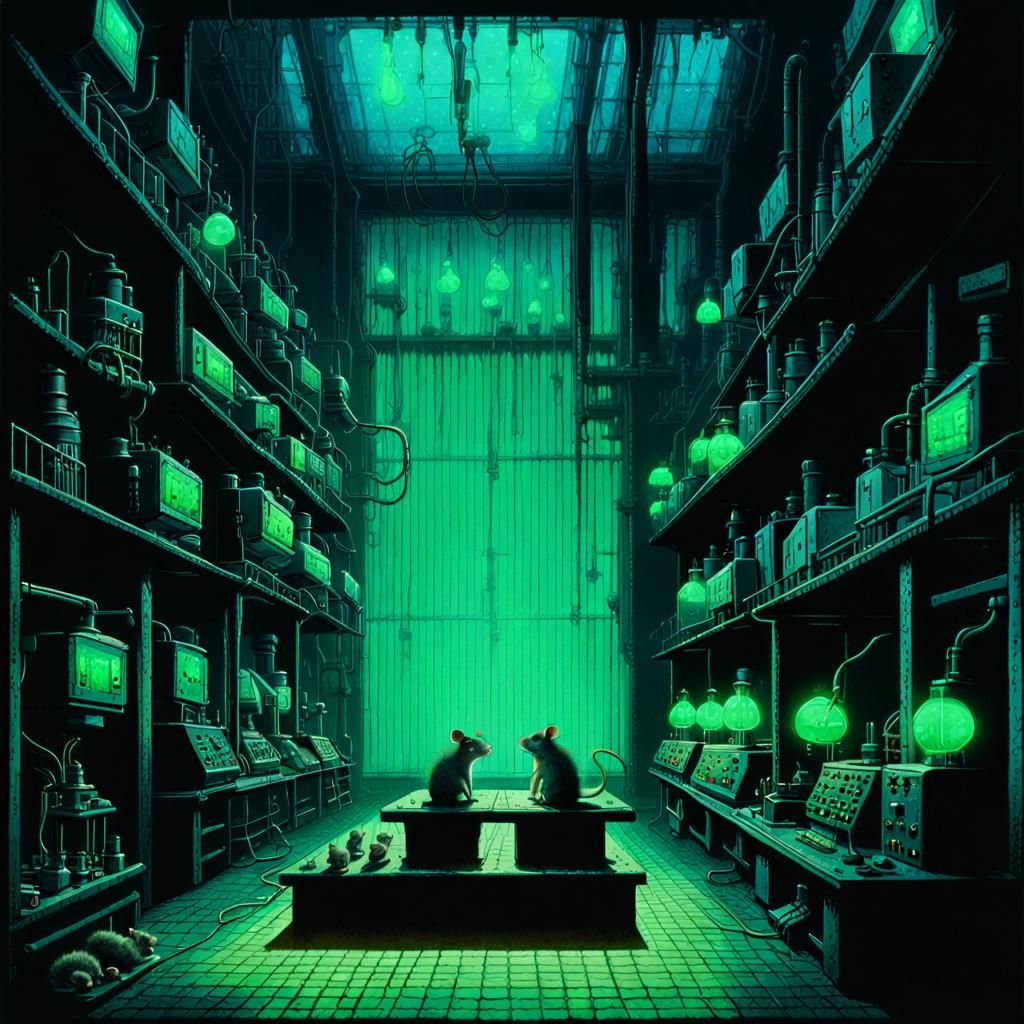 Eerie Lab Interior with Iridescent Mice in Cages