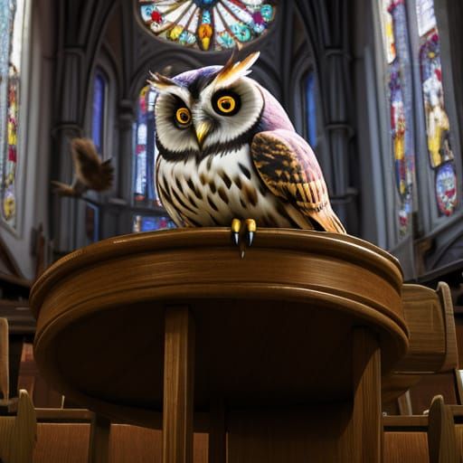 Majestic Owl Perched on Ancient Church Staircase