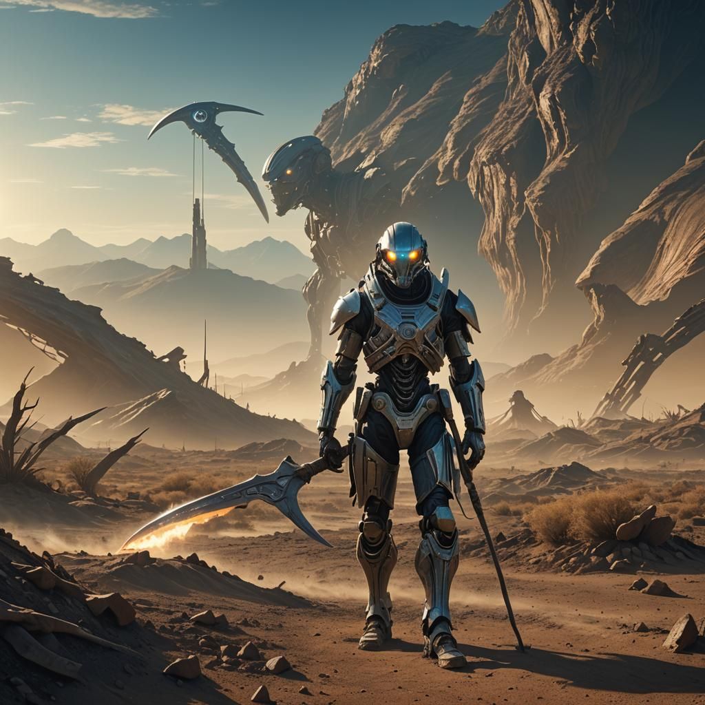 Cyborg Farmer on Alien World in Western Steampunk Style