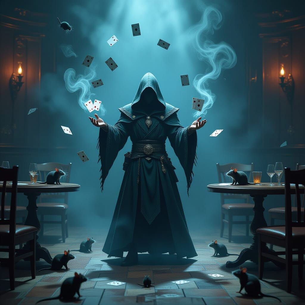 Mysterious Magician in Smoky Club with Swirling Cards and Ra...