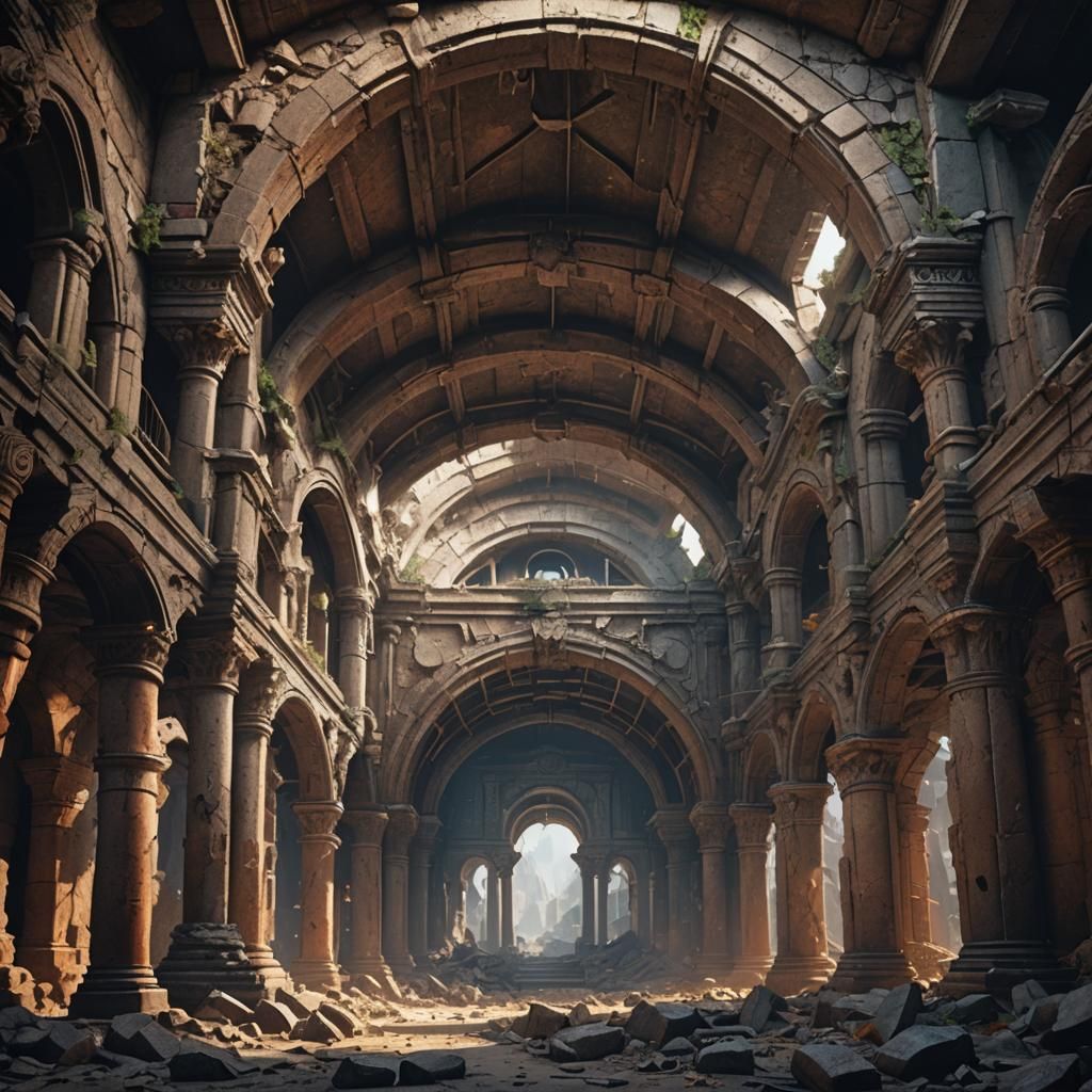 Ruined Underground Temple Interior in Detailed Matte Paintin...