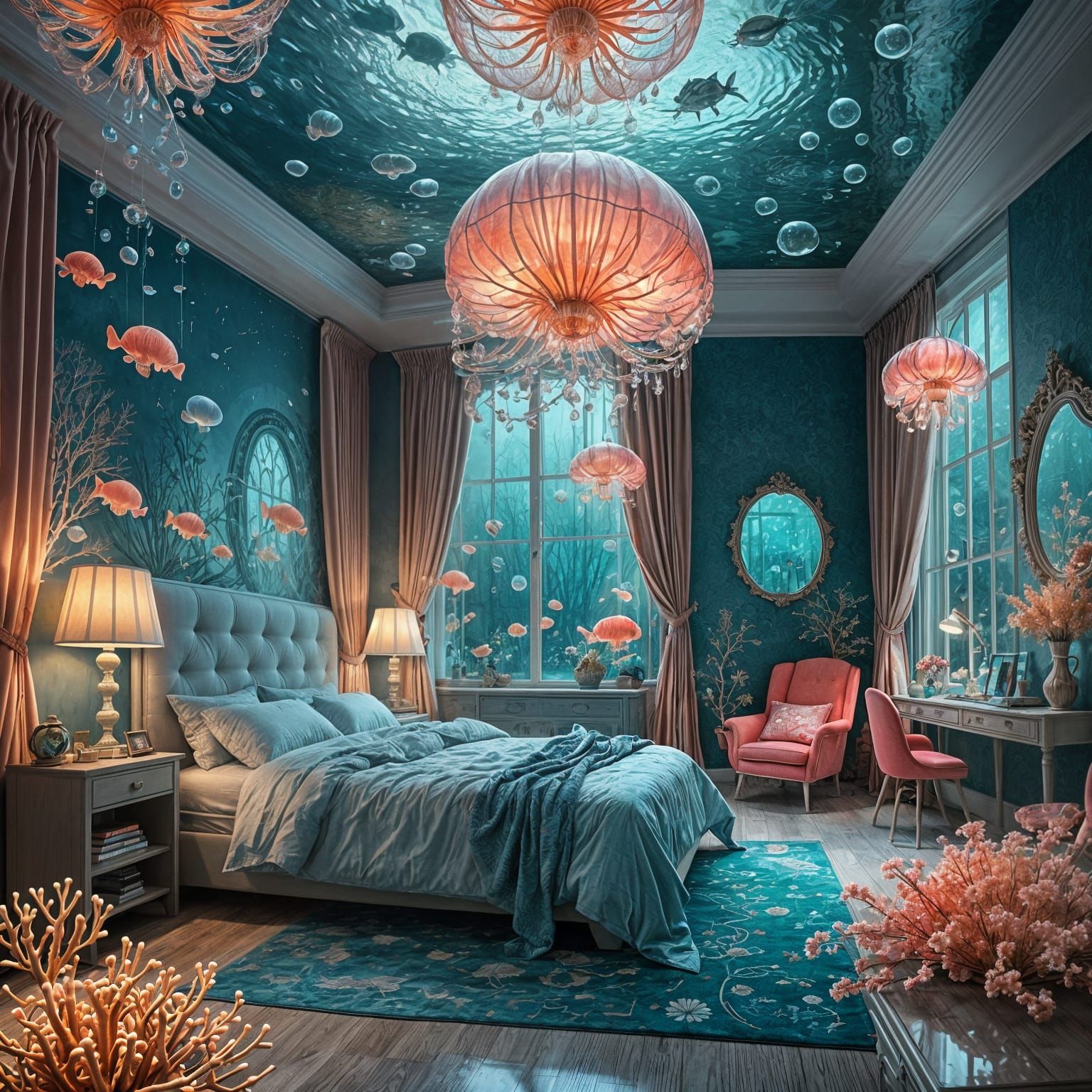 Ethereal Underwater Bedroom with Glowing Coral Headboards