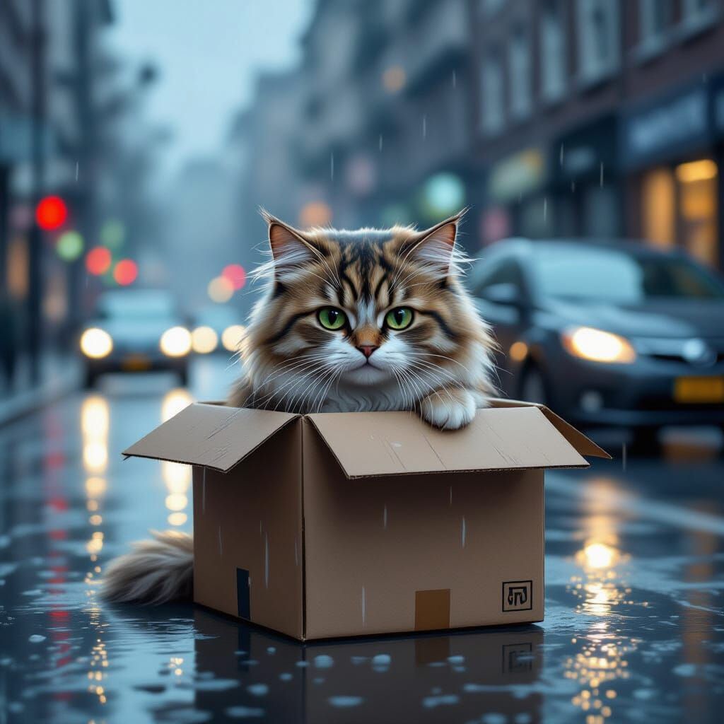 One-Eyed Cat in Rain, Digital Art Style