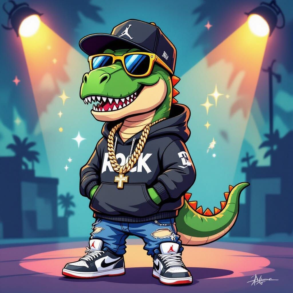 Cartoon Dinosaur Rocks 90s Style with Sunglasses and Jordans