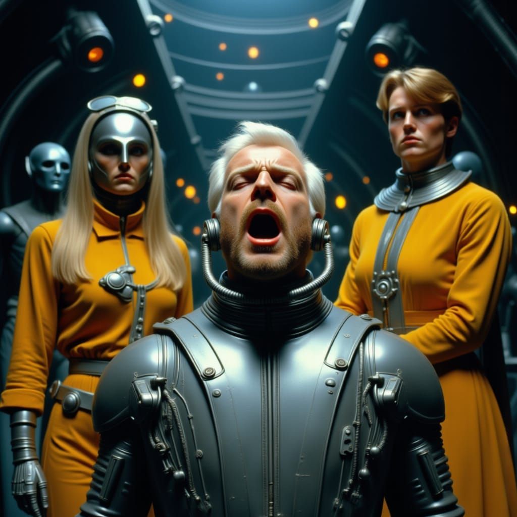 Man in Metallic Suit Screams, Futuristic Scene