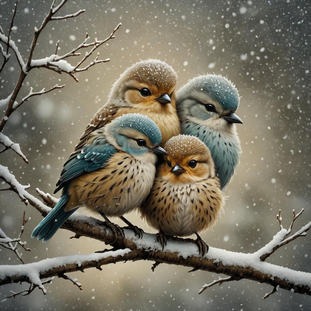 Birds Huddle Together in Winter Snow: Whimsical Art