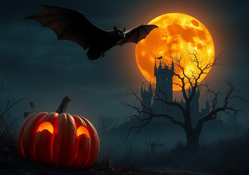Ethereal Halloween Scene with Glowing Pumpkin and Ominous Ba...