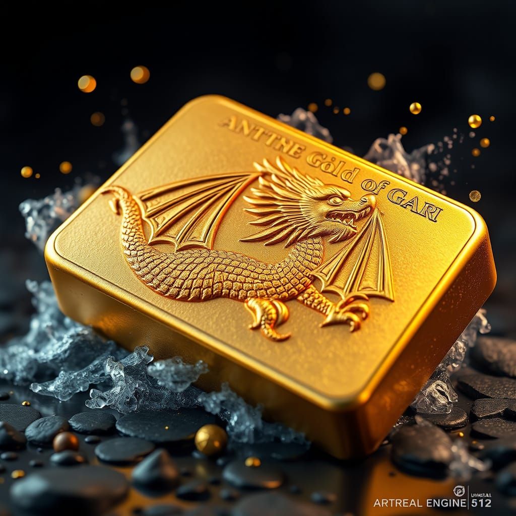 Golden Dragon Engraving on a Treasure Bar in Fantasy Art